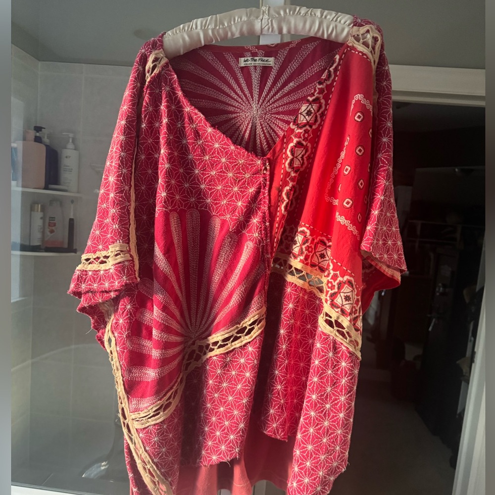 Free People Red Bohemian top with Crochet Trim